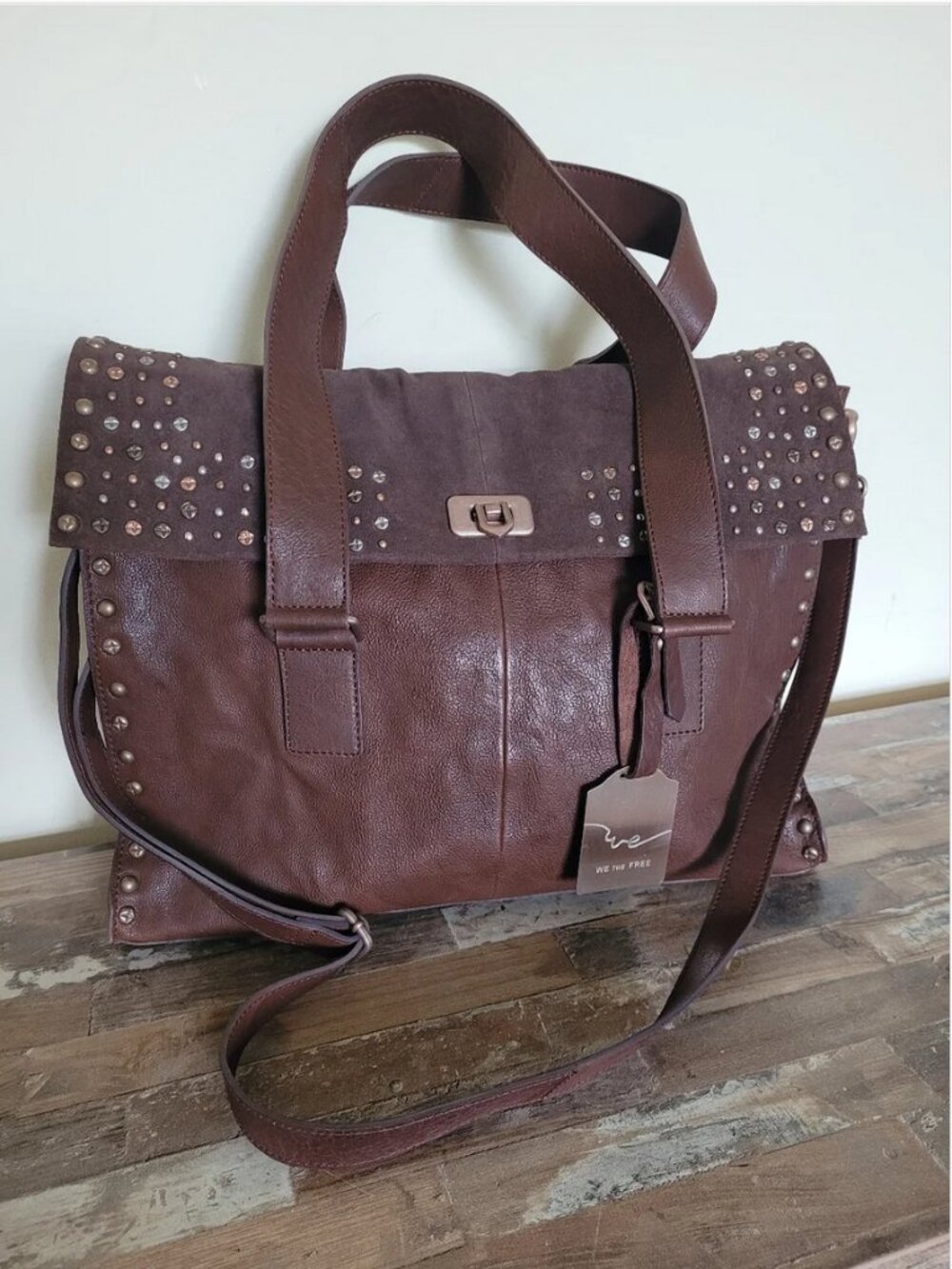 Free People Brown Distressed Leather Studded Satchel Crossbody Bag Boho Shoulder - Picture 4 of 10